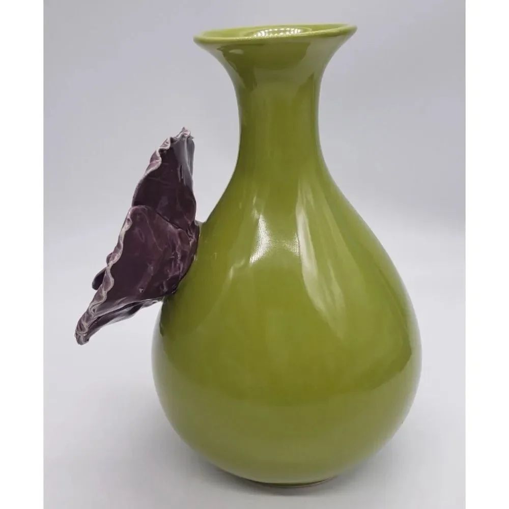 Anthropologie Rose of Sharon Grand Purple Flower On Olive Green Vase 9”x6”~ New - Picture 5 of 8